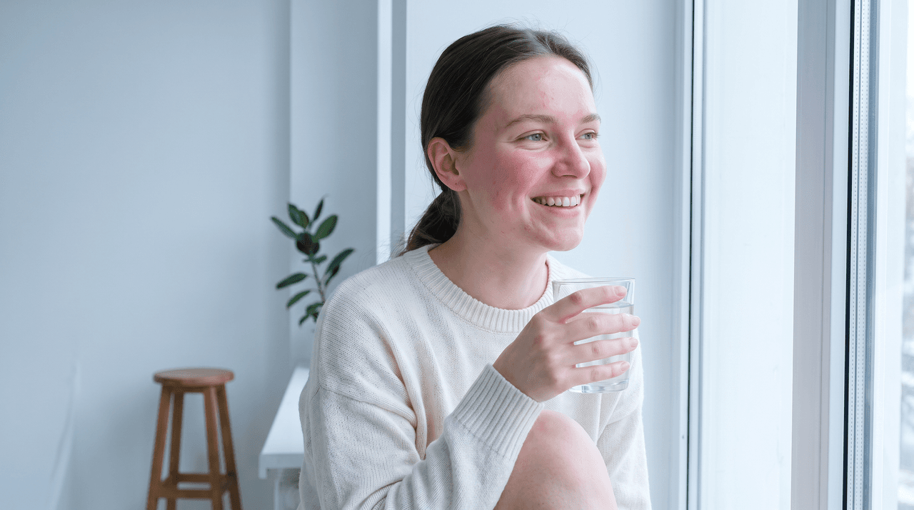 A radiant woman with glowing, even-toned skin holding a glass of water by a bright window