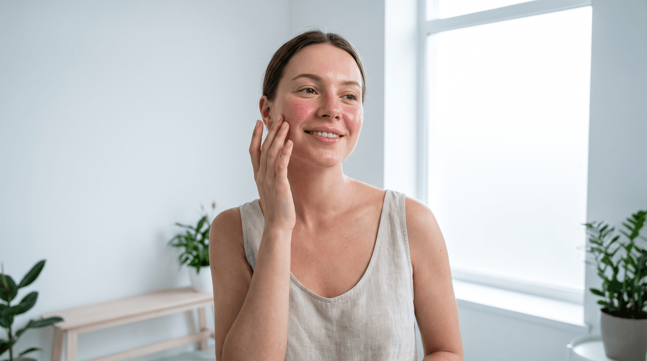 A calm, glowing woman touching her cheek in a bright, needle-free setting