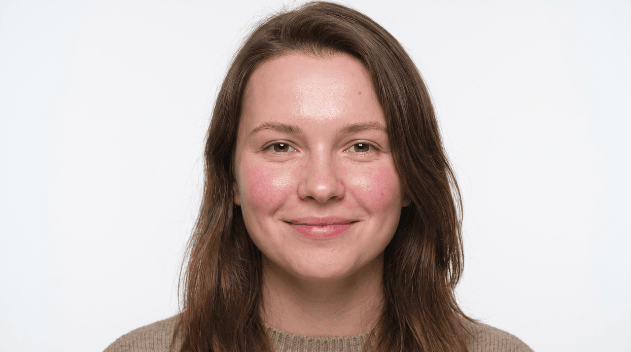A reassured, healthy-looking woman smiling gently against a clean white background